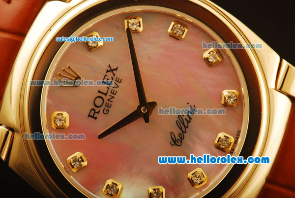 Rolex Cellini Swiss Quartz Yellow Gold Case with Pink MOP Dial and Brown Leather Strap-Diamond Markers - Click Image to Close