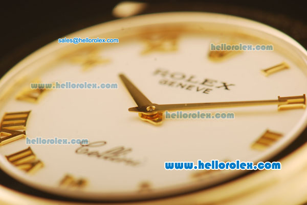 Rolex Cellini Swiss Quartz Yellow Gold Case with White Dial and Brown Leather Strap-Roman Markers - Click Image to Close
