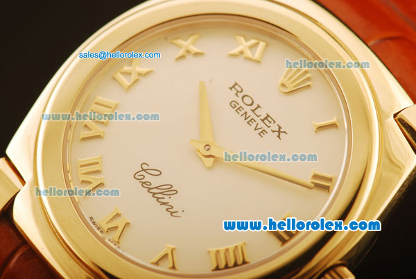 Rolex Cellini Swiss Quartz Yellow Gold Case with White Dial and Brown Leather Strap-Roman Markers - Click Image to Close