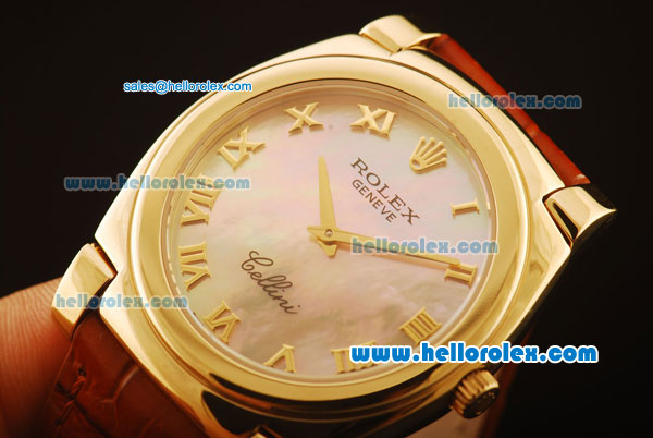 Rolex Cellini Swiss Quartz Yellow Gold Case with Pink MOP Dial and Brown Leather Strap-Roman Markers - Click Image to Close