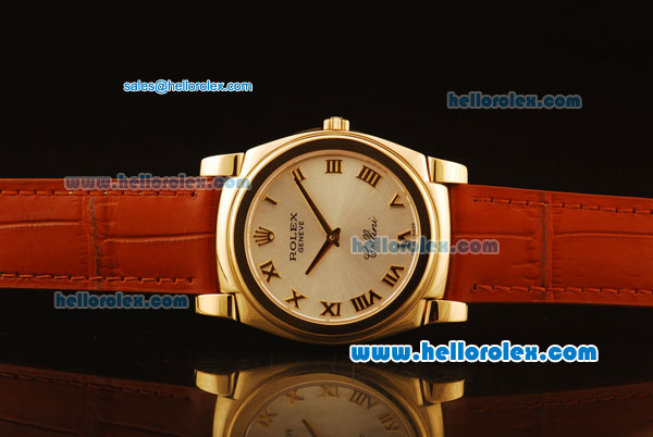 Rolex Cellini Swiss Quartz Yellow Gold Case with Silver Dial and Brown Leather Strap-Roman Markers - Click Image to Close