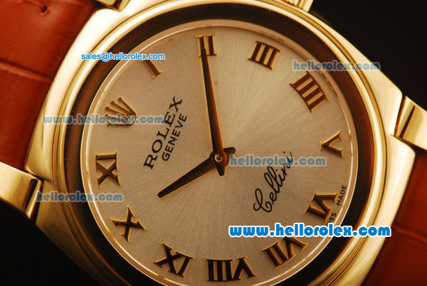 Rolex Cellini Swiss Quartz Yellow Gold Case with Silver Dial and Brown Leather Strap-Roman Markers - Click Image to Close