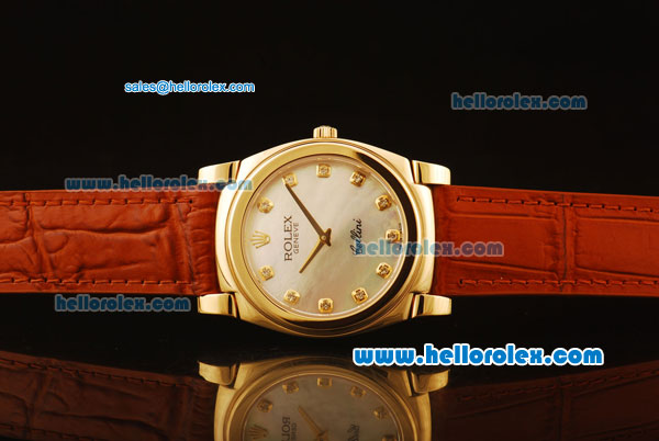 Rolex Cellini Swiss Quartz Yellow Gold Case with White MOP Dial and Brown Leather Strap-Diamond Markers - Click Image to Close