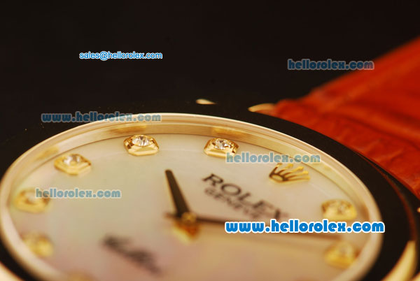 Rolex Cellini Swiss Quartz Yellow Gold Case with White MOP Dial and Brown Leather Strap-Diamond Markers - Click Image to Close
