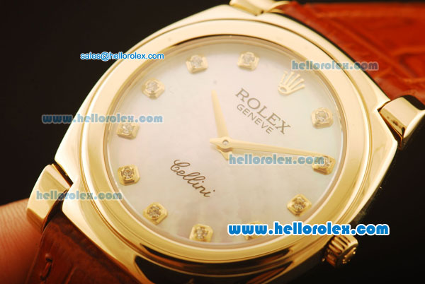 Rolex Cellini Swiss Quartz Yellow Gold Case with White MOP Dial and Brown Leather Strap-Diamond Markers - Click Image to Close