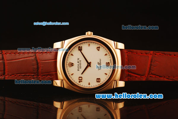 Rolex Cellini Swiss Quartz Rose Gold Case with White Dial and Brown Leather Strap-Numeral Markers - Click Image to Close