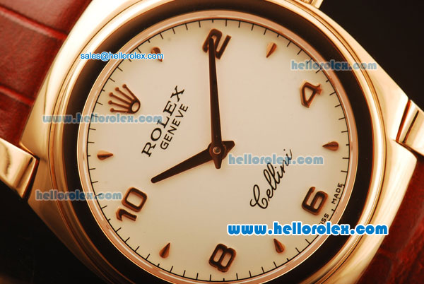 Rolex Cellini Swiss Quartz Rose Gold Case with White Dial and Brown Leather Strap-Numeral Markers - Click Image to Close