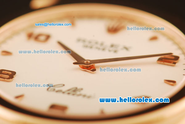 Rolex Cellini Swiss Quartz Rose Gold Case with White Dial and Brown Leather Strap-Numeral Markers - Click Image to Close