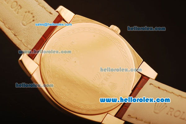 Rolex Cellini Swiss Quartz Rose Gold Case with White Dial and Brown Leather Strap-Numeral Markers - Click Image to Close