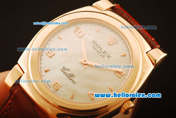 Rolex Cellini Swiss Quartz Rose Gold Case with White MOP Dial and Brown Leather Strap-Numeral Markers - Click Image to Close