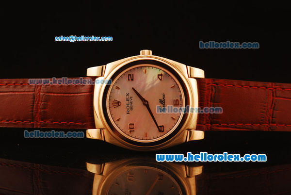 Rolex Cellini Swiss Quartz Rose Gold Case with Pink MOP Dial and Brown Leather Strap-Numeral Markers - Click Image to Close