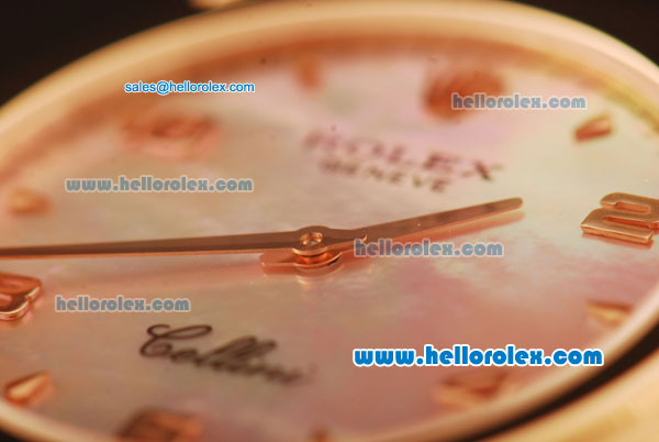 Rolex Cellini Swiss Quartz Rose Gold Case with Pink MOP Dial and Brown Leather Strap-Numeral Markers - Click Image to Close