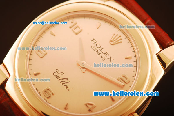 Rolex Cellini Swiss Quartz Rose Gold Case with Rose Gold Dial and Brown Leather Strap-Numeral Markers - Click Image to Close