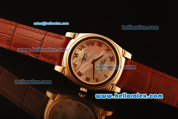 Rolex Cellini Swiss Quartz Rose Gold Case with Pink MOP Dial and Brown Leather Strap-Roman Markers - Click Image to Close