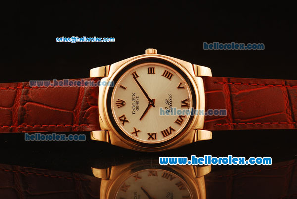 Rolex Cellini Swiss Quartz Rose Gold Case with Silver Dial and Brown Leather Strap-Roman Markers - Click Image to Close
