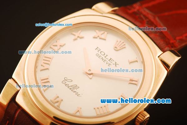 Rolex Cellini Swiss Quartz Rose Gold Case with Silver Dial and Brown Leather Strap-Roman Markers - Click Image to Close