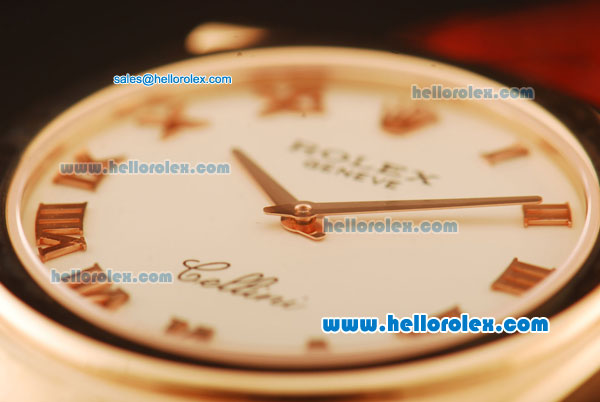 Rolex Cellini Swiss Quartz Rose Gold Case with White Dial and Brown Leather Strap-Roman Markers - Click Image to Close