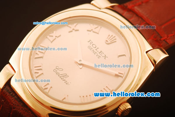 Rolex Cellini Swiss Quartz Rose Gold Case with Rose Gold Dial and Brown Leather Strap-Roman Markers - Click Image to Close