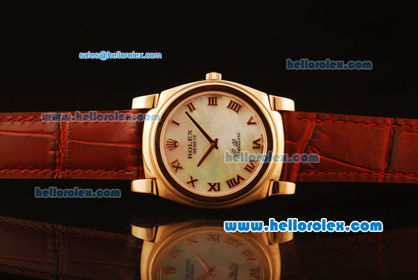 Rolex Cellini Swiss Quartz Rose Gold Case with White MOP Dial and Brown Leather Strap-Roman Markers - Click Image to Close