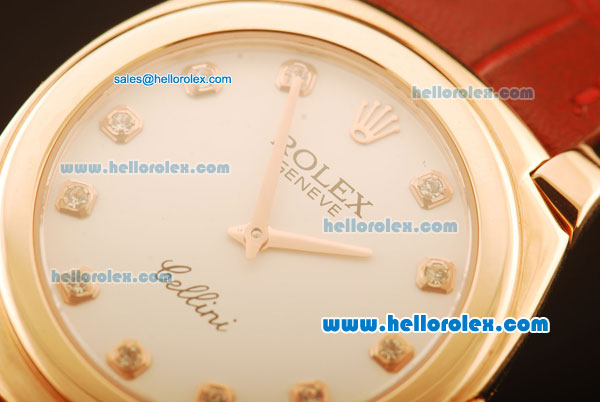 Rolex Cellini Swiss Quartz Rose Gold Case with White Dial and Brown Leather Strap-Diamond Markers - Click Image to Close