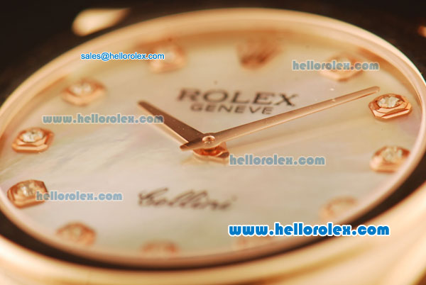 Rolex Cellini Swiss Quartz Rose Gold Case with White MOP Dial and Brown Leather Strap-Diamond Markers - Click Image to Close
