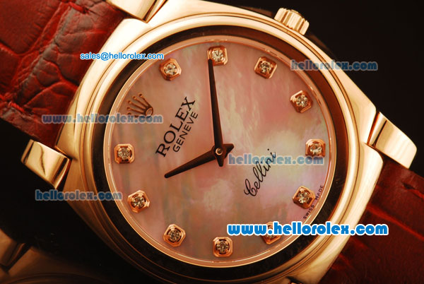 Rolex Cellini Swiss Quartz Rose Gold Case with Pink MOP Dial and Brown Leather Strap-Diamond Markers - Click Image to Close