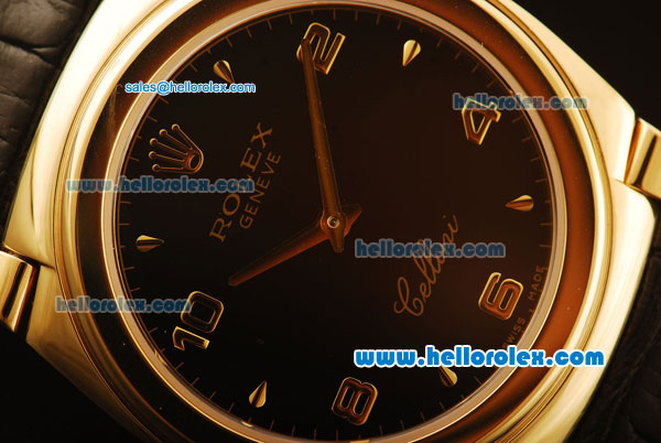 Rolex Cellini Swiss Quartz Yellow Gold Case with Black Dial and Black Leather Strap-Numeral Markers - Click Image to Close