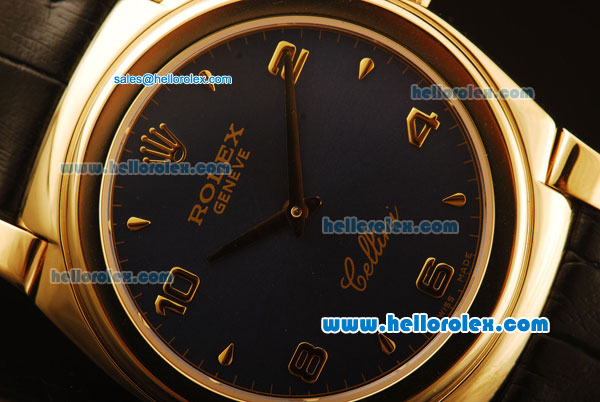 Rolex Cellini Swiss Quartz Yellow Gold Case with Grey Dial and Black Leather Strap-Numeral Markers - Click Image to Close