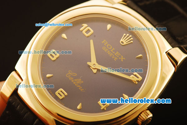 Rolex Cellini Swiss Quartz Yellow Gold Case with Grey Dial and Black Leather Strap-Numeral Markers - Click Image to Close