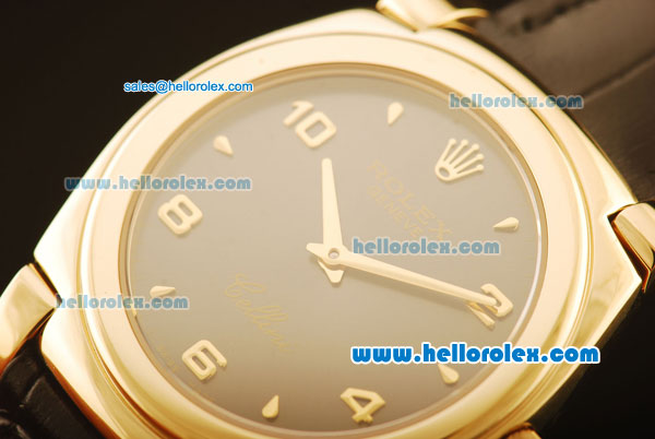 Rolex Cellini Swiss Quartz Yellow Gold Case with Brown Dial and Black Leather Strap-Numeral Markers - Click Image to Close