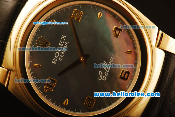 Rolex Cellini Swiss Quartz Yellow Gold Case with Grey MOP Dial and Black Leather Strap-Numeral Markers - Click Image to Close