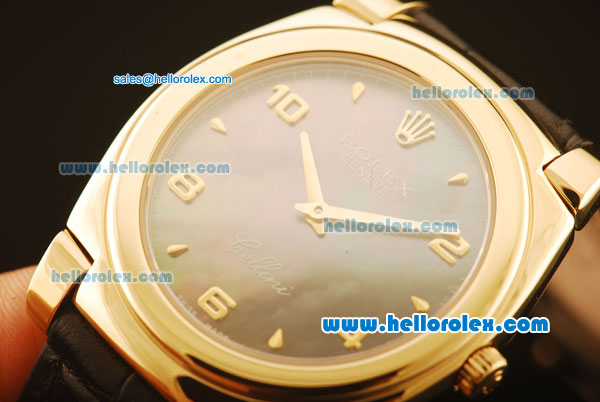 Rolex Cellini Swiss Quartz Yellow Gold Case with Grey MOP Dial and Black Leather Strap-Numeral Markers - Click Image to Close
