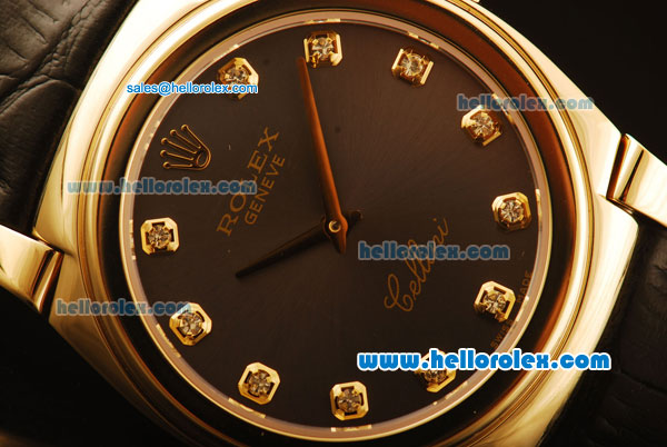 Rolex Cellini Swiss Quartz Yellow Gold Case with Brown Dial and Black Leather Strap-Diamond Markers - Click Image to Close