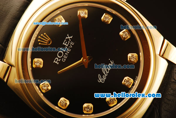 Rolex Cellini Swiss Quartz Yellow Gold Case with Black Dial and Black Leather Strap-Diamond Markers - Click Image to Close