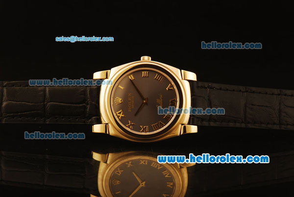 Rolex Cellini Swiss Quartz Yellow Gold Case with Brown Dial and Black Leather Strap-Roman Markers - Click Image to Close