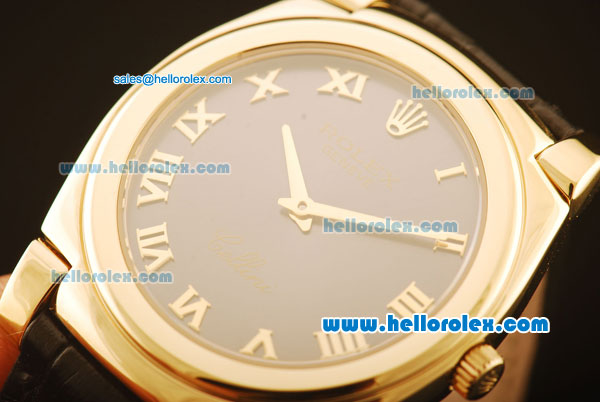 Rolex Cellini Swiss Quartz Yellow Gold Case with Brown Dial and Black Leather Strap-Roman Markers - Click Image to Close
