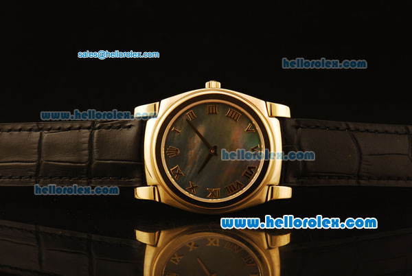 Rolex Cellini Swiss Quartz Yellow Gold Case with Grey MOP Dial and Black Leather Strap-Roman Markers - Click Image to Close