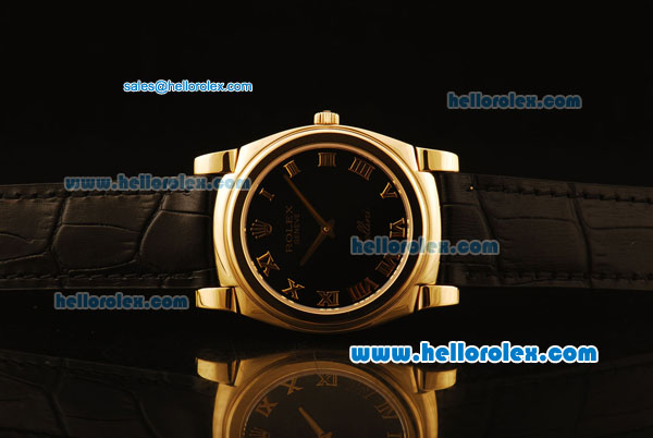 Rolex Cellini Swiss Quartz Yellow Gold Case with Black Dial and Black Leather Strap-Roman Markers - Click Image to Close