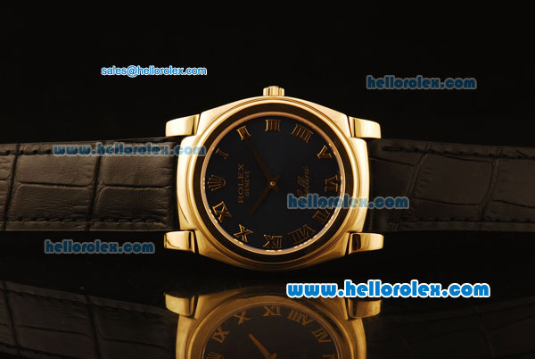 Rolex Cellini Swiss Quartz Yellow Gold Case with Dark Blue Dial and Black Leather Strap-Roman Markers - Click Image to Close