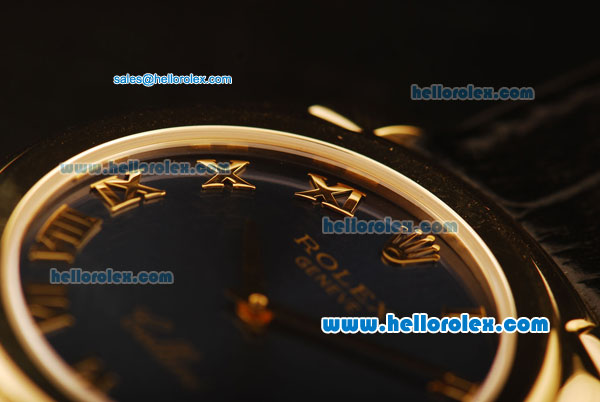 Rolex Cellini Swiss Quartz Yellow Gold Case with Dark Blue Dial and Black Leather Strap-Roman Markers - Click Image to Close