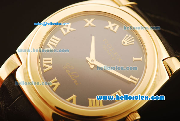 Rolex Cellini Swiss Quartz Yellow Gold Case with Dark Blue Dial and Black Leather Strap-Roman Markers - Click Image to Close