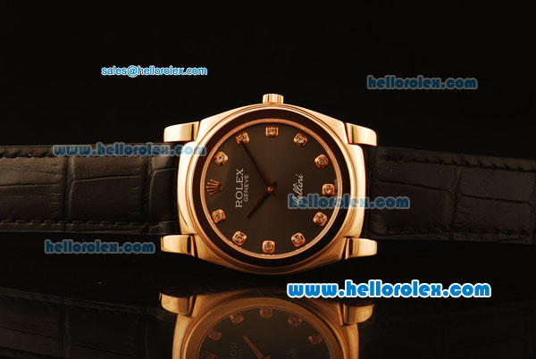 Rolex Cellini Swiss Quartz Rose Gold Case with Brown Dial and Black Leather Strap-Diamond Markers - Click Image to Close