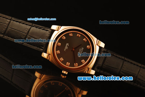 Rolex Cellini Swiss Quartz Rose Gold Case with Brown Dial and Black Leather Strap-Diamond Markers - Click Image to Close
