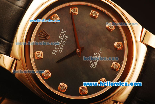 Rolex Cellini Swiss Quartz Rose Gold Case with Black MOP Dial and Black Leather Strap-Diamond Markers - Click Image to Close