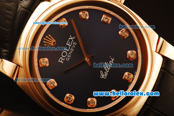 Rolex Cellini Swiss Quartz Rose Gold Case with Dark Blue Dial and Black Leather Strap-Diamond Markers - Click Image to Close