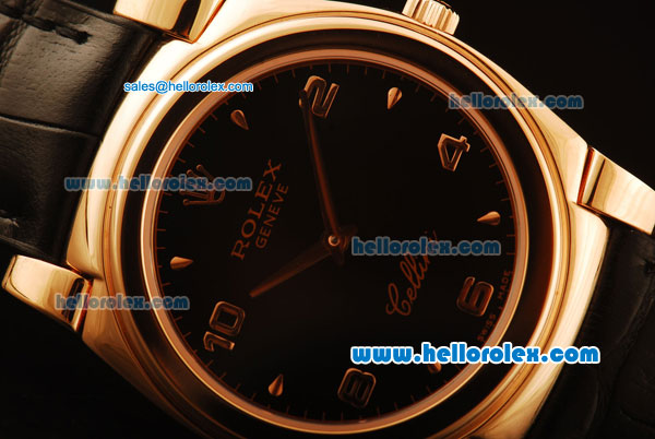 Rolex Cellini Swiss Quartz Rose Gold Case with Black Dial and Black Leather Strap-Numeral Markers - Click Image to Close