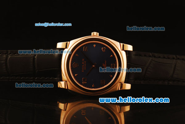 Rolex Cellini Swiss Quartz Rose Gold Case with Dark Blue Dial and Black Leather Strap-Numeral Markers - Click Image to Close