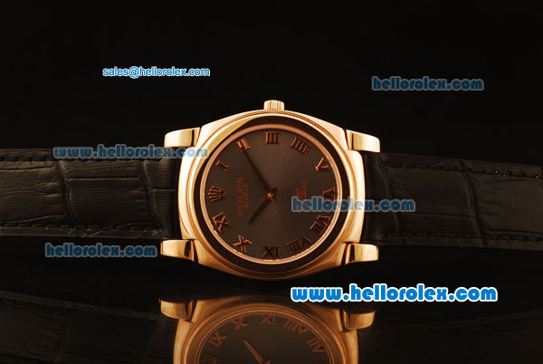 Rolex Cellini Swiss Quartz Rose Gold Case with Grey Dial and Black Leather Strap-Roman Markers - Click Image to Close