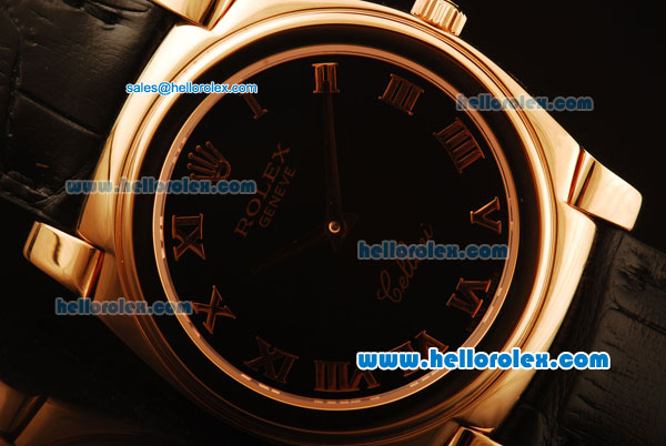 Rolex Cellini Swiss Quartz Rose Gold Case with Black Dial and Black Leather Strap-Roman Markers - Click Image to Close