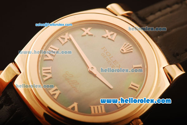 Rolex Cellini Swiss Quartz Rose Gold Case with Grey MOP Dial and Black Leather Strap-Roman Markers - Click Image to Close